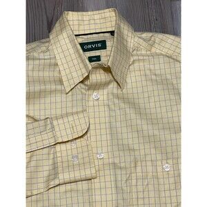 Orvis Mens Size M Tall Yellow Blue Check Long Sleeve Button Up Shirt Casual
